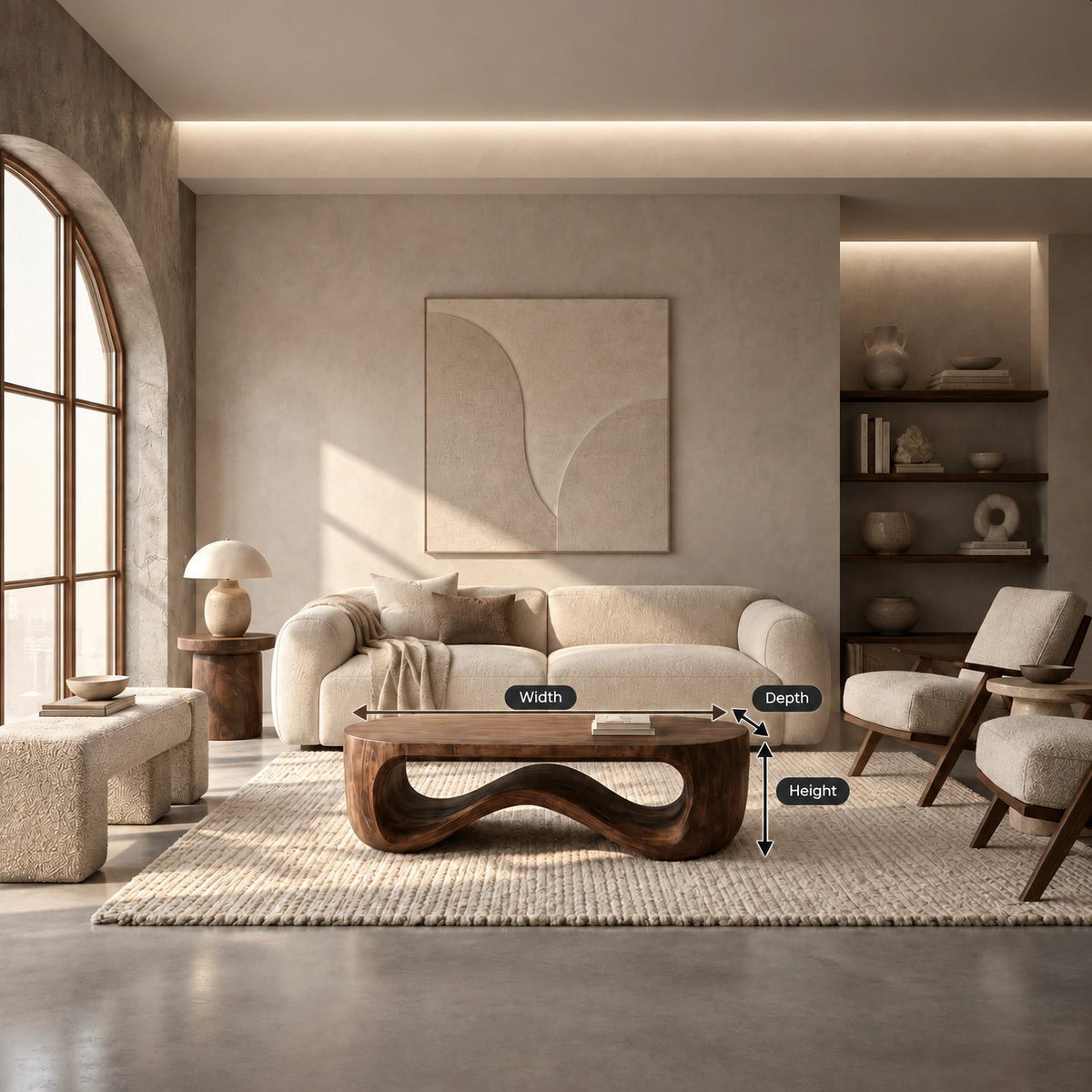 Contemporary Wood Coffee Table With Sculptural Pedestal Base For Living Room