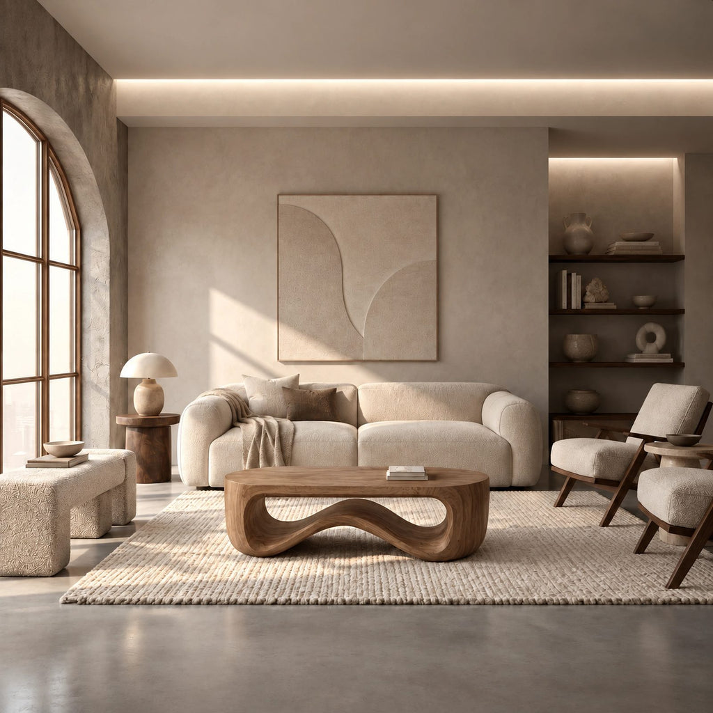 Contemporary Wood Coffee Table With Sculptural Pedestal Base For Living Room