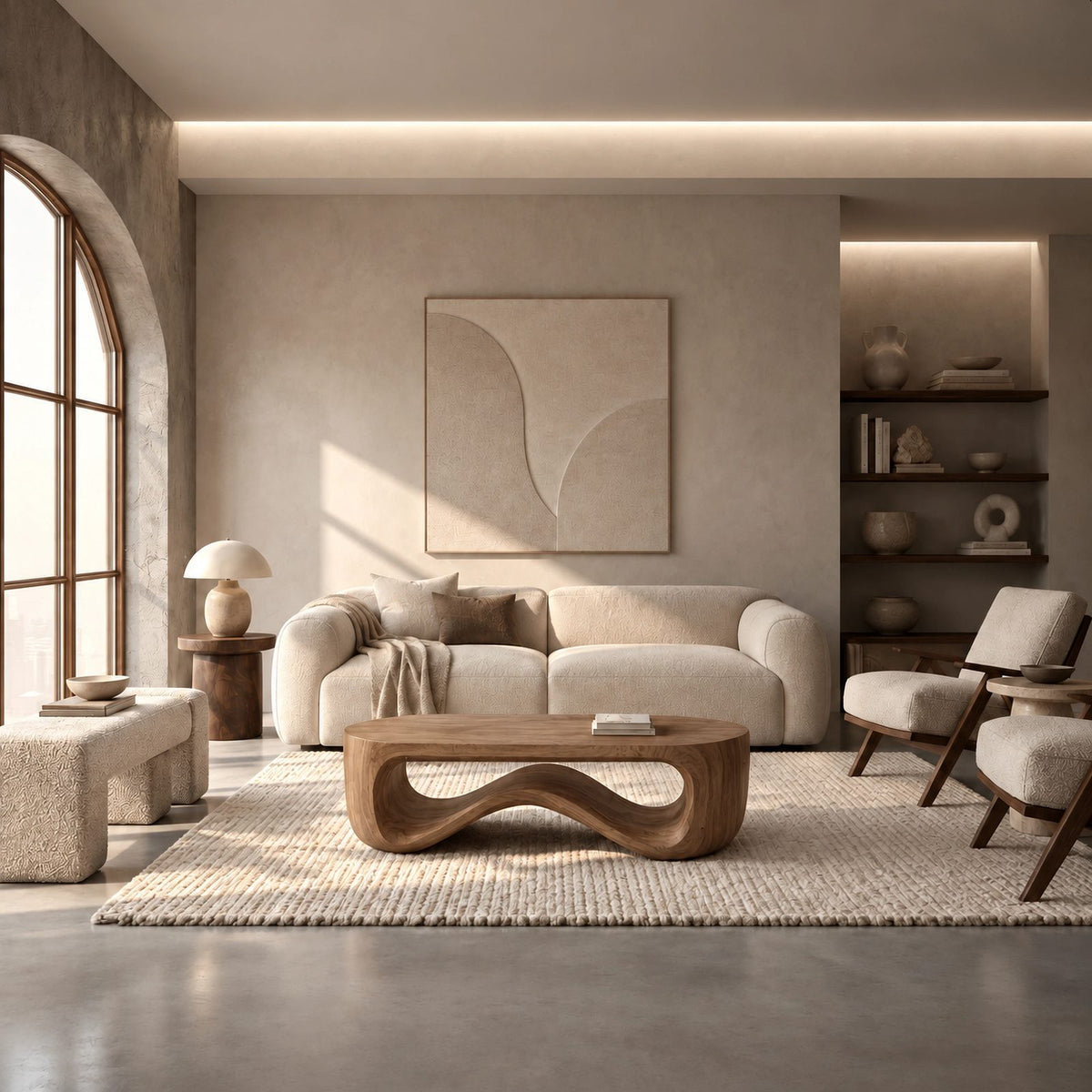 Contemporary Wood Coffee Table With Sculptural Pedestal Base For Living Room