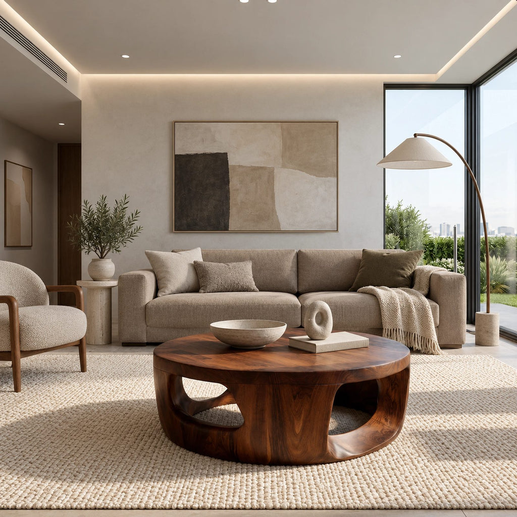 Contemporary Round Wood Coffee Table With Open Cut Base For Living Room