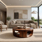 Contemporary Round Wood Coffee Table With Open Cut Base For Living Room