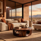 Contemporary Round Wood Coffee Table With Open Cut Base For Living Room