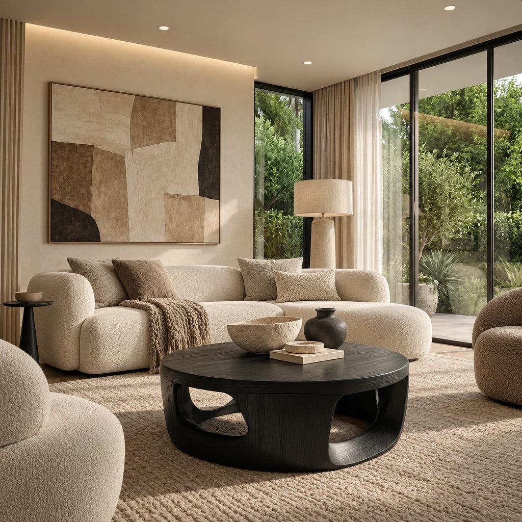 Contemporary Round Wood Coffee Table With Open Cut Base For Living Room