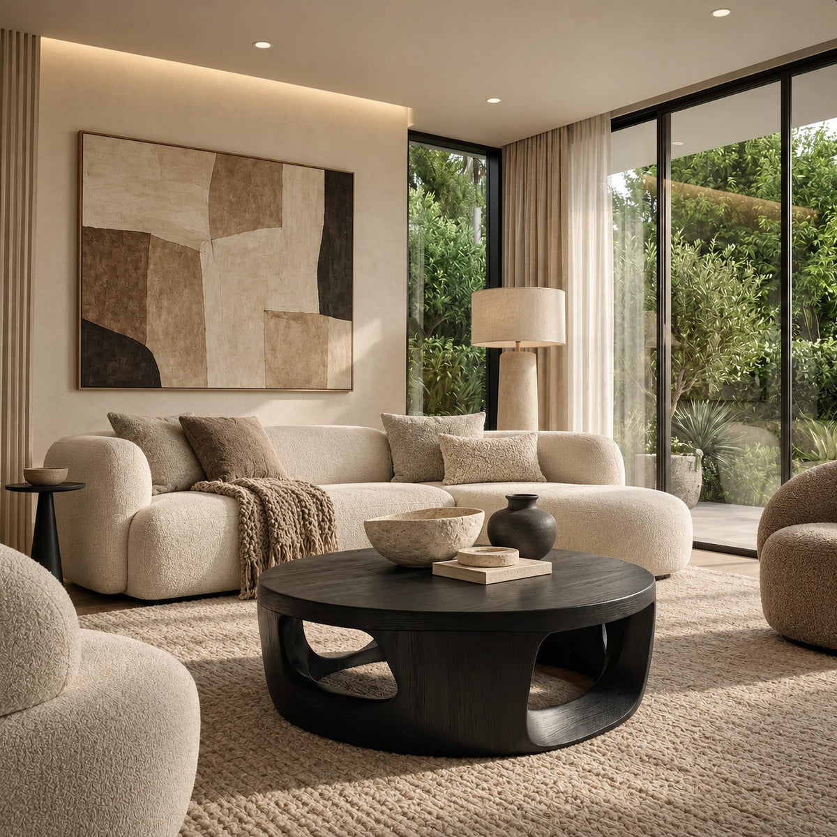 Contemporary Round Wood Coffee Table With Open Cut Base For Living Room