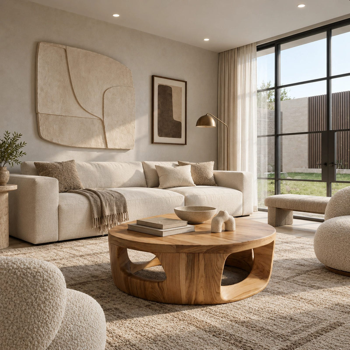 Contemporary Round Wood Coffee Table With Open Cut Base For Living Room