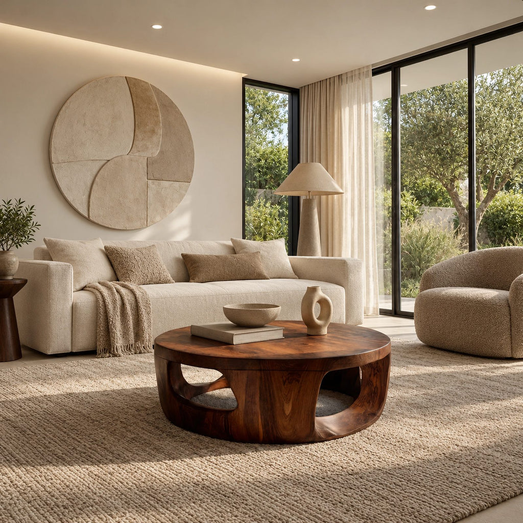 Contemporary Round Wood Coffee Table With Open Cut Base For Living Room