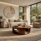 Contemporary Round Wood Coffee Table With Open Cut Base For Living Room