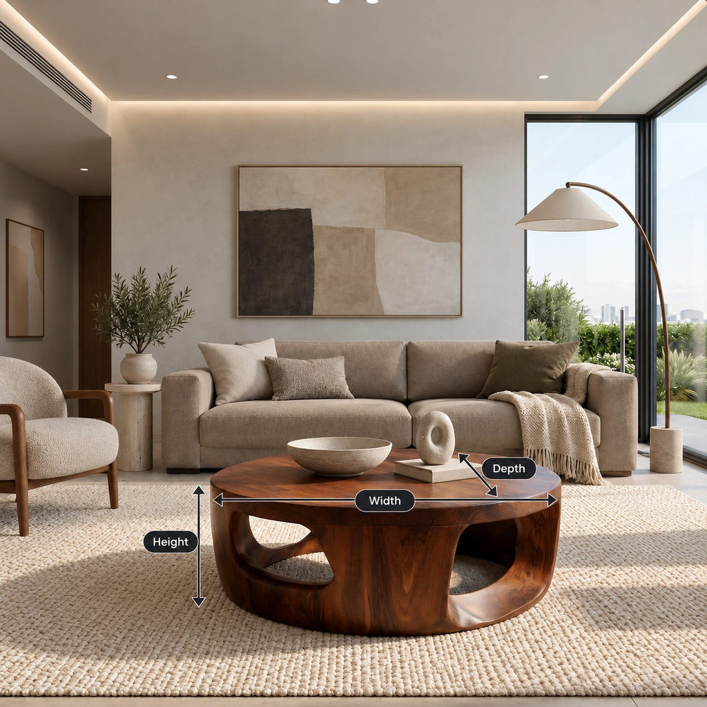 Contemporary Round Wood Coffee Table With Open Cut Base For Living Room