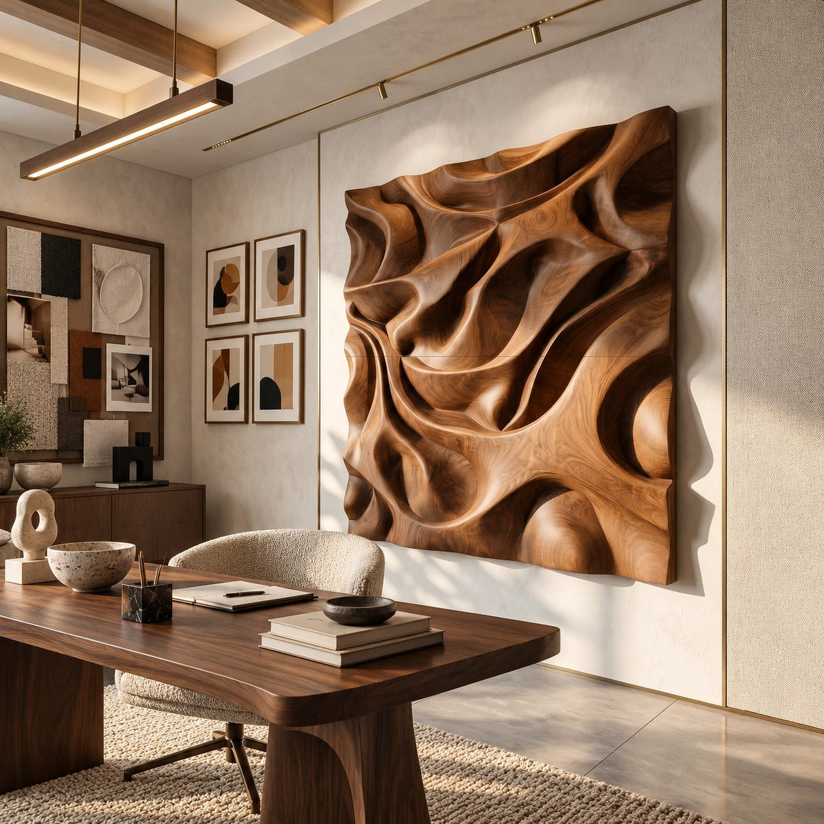 Sculptural Wood Wall Art With Deep Carved Relief For Home Office