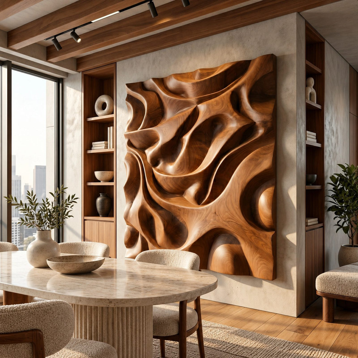 Sculptural Wood Wall Art With Deep Carved Relief For Home Office