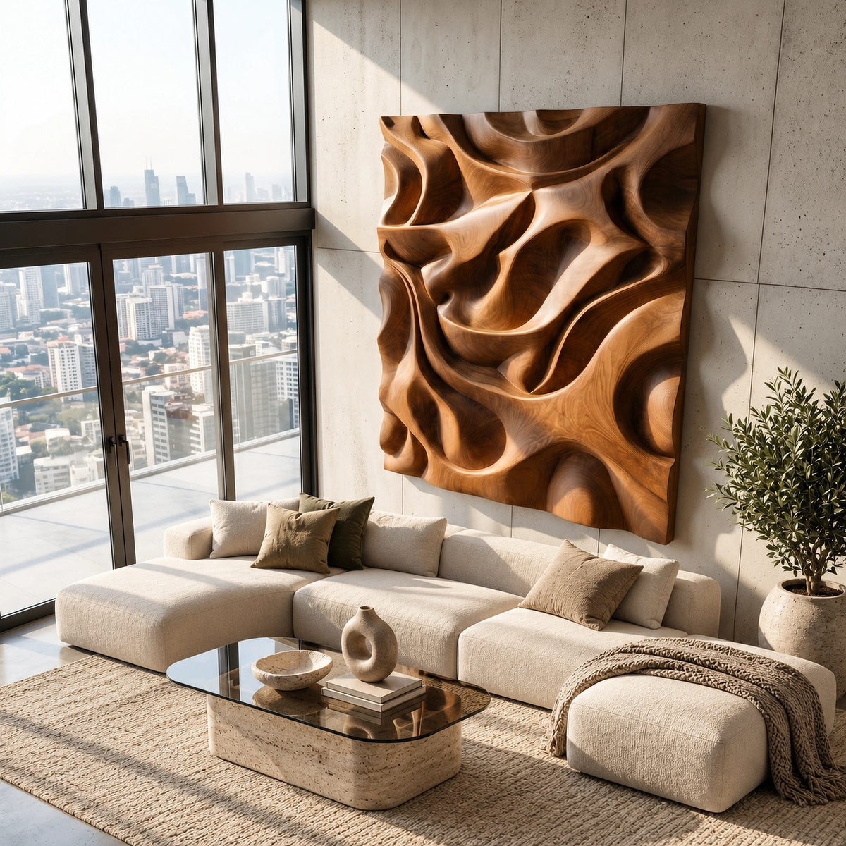 Sculptural Wood Wall Art With Deep Carved Relief For Home Office