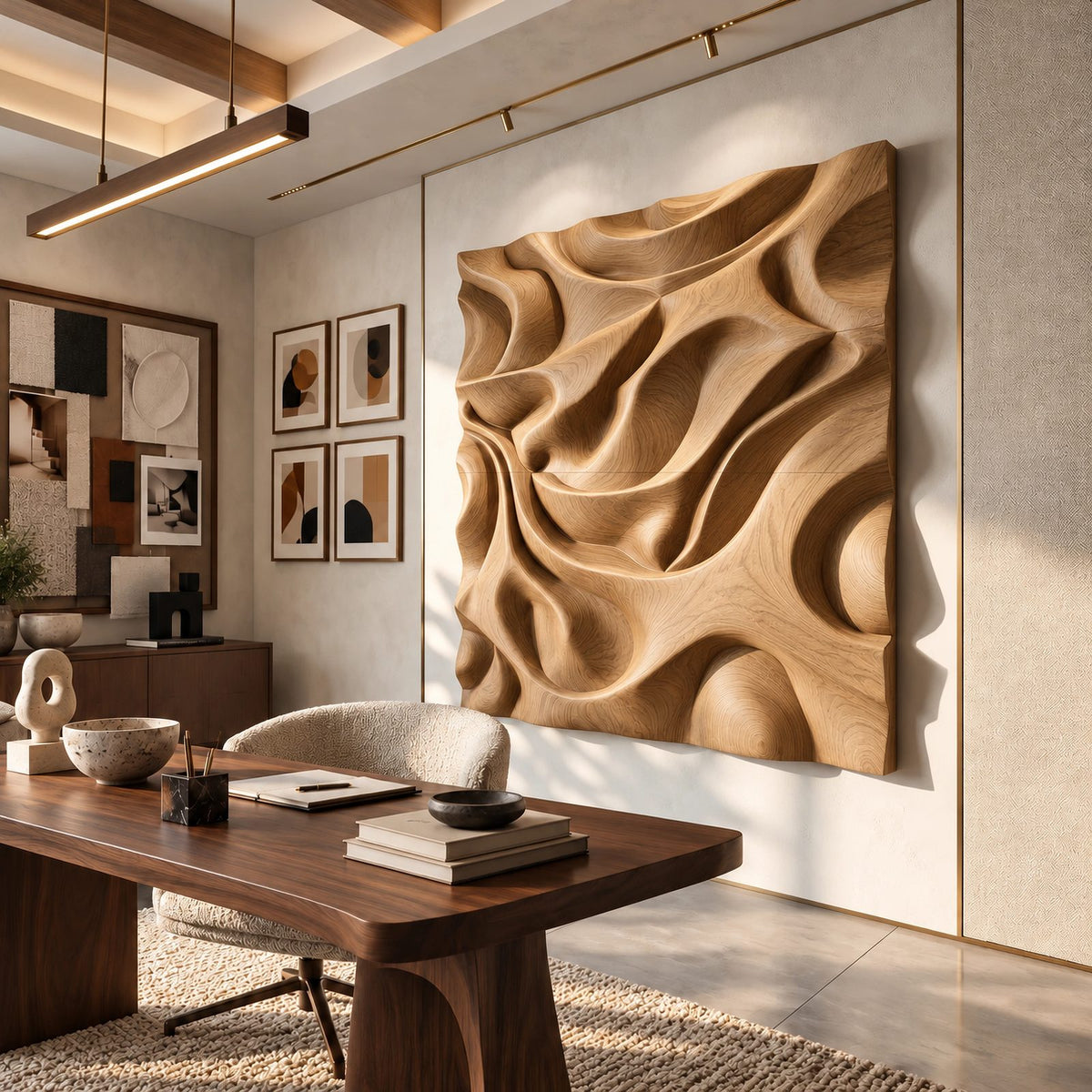 Sculptural Wood Wall Art With Deep Carved Relief For Home Office