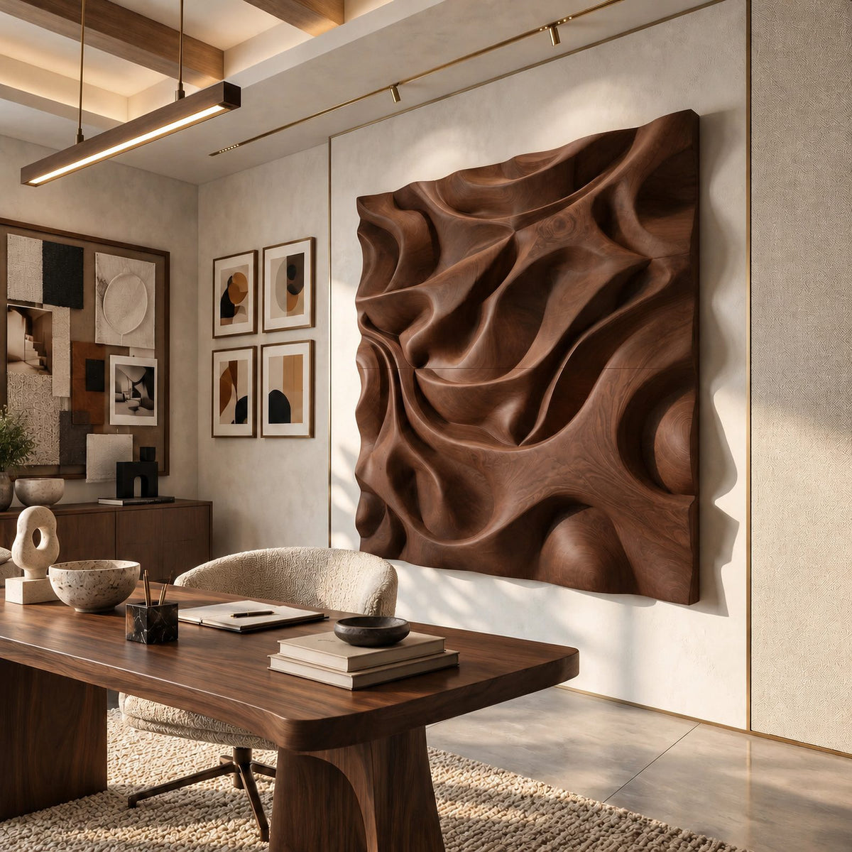 Sculptural Wood Wall Art With Deep Carved Relief For Home Office