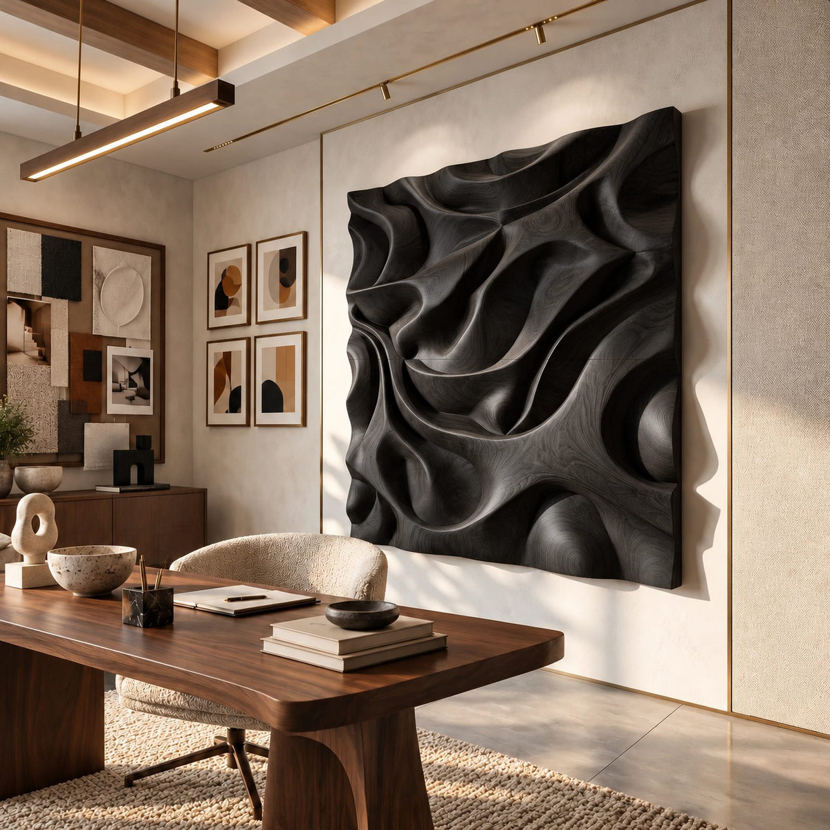 Sculptural Wood Wall Art With Deep Carved Relief For Home Office