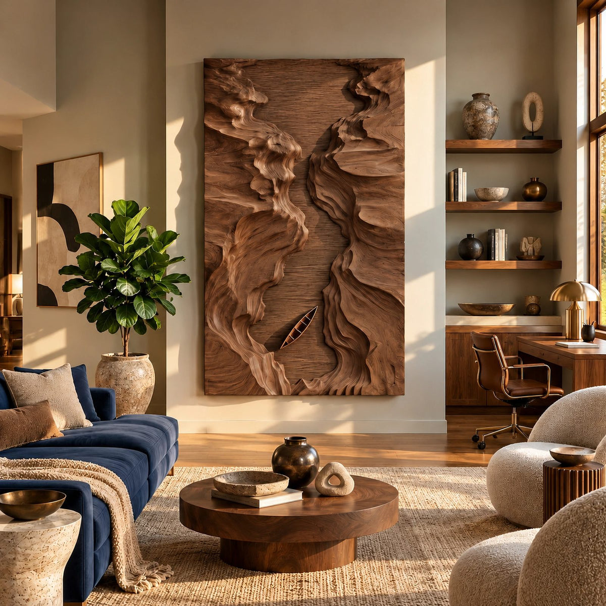 Abstract Wood Wall Art With Deep Canyon Relief For Home Office