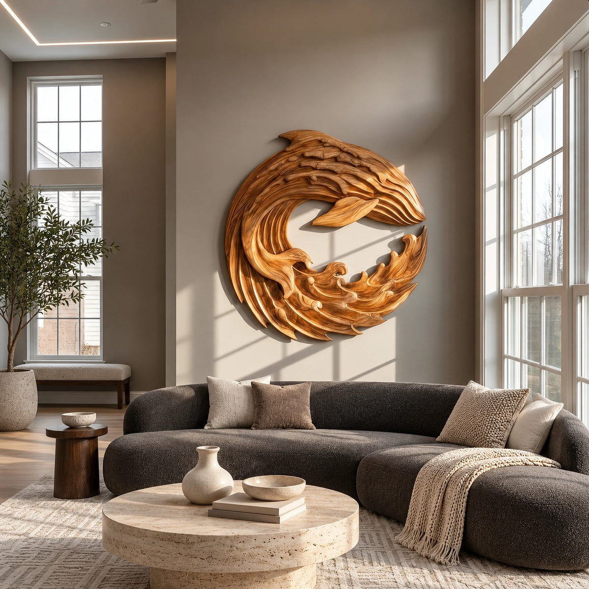 Contemporary Wood Wall Art With Spiraling Wave Form For Living Room