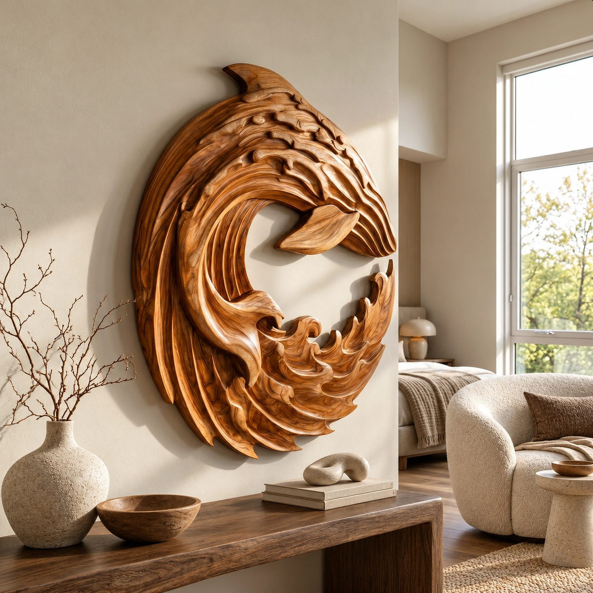 Contemporary Wood Wall Art With Spiraling Wave Form For Living Room