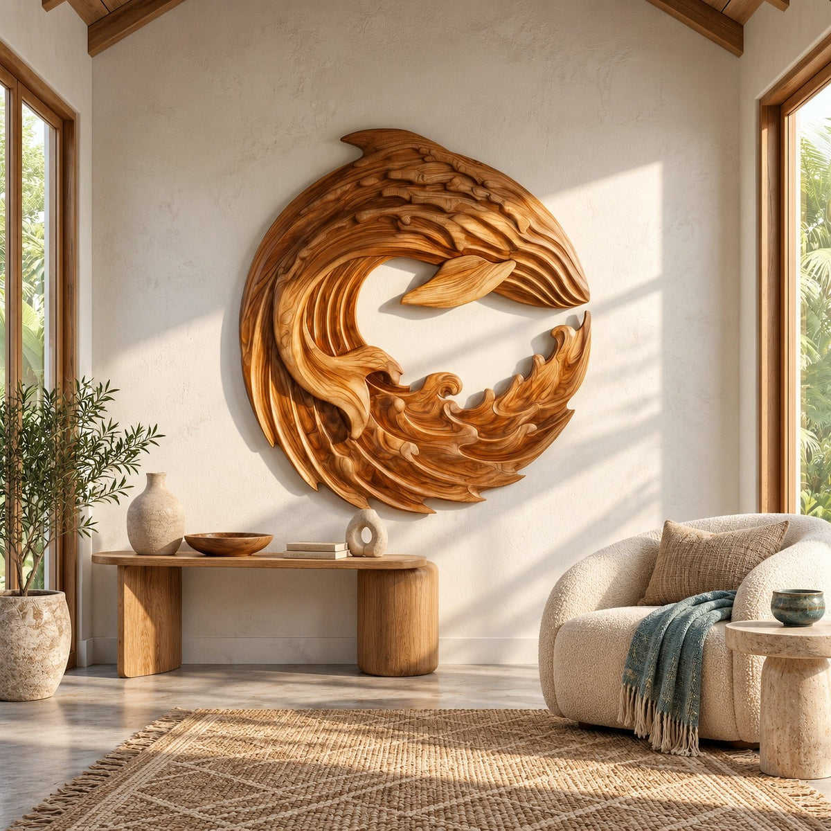 Contemporary Wood Wall Art With Spiraling Wave Form For Living Room