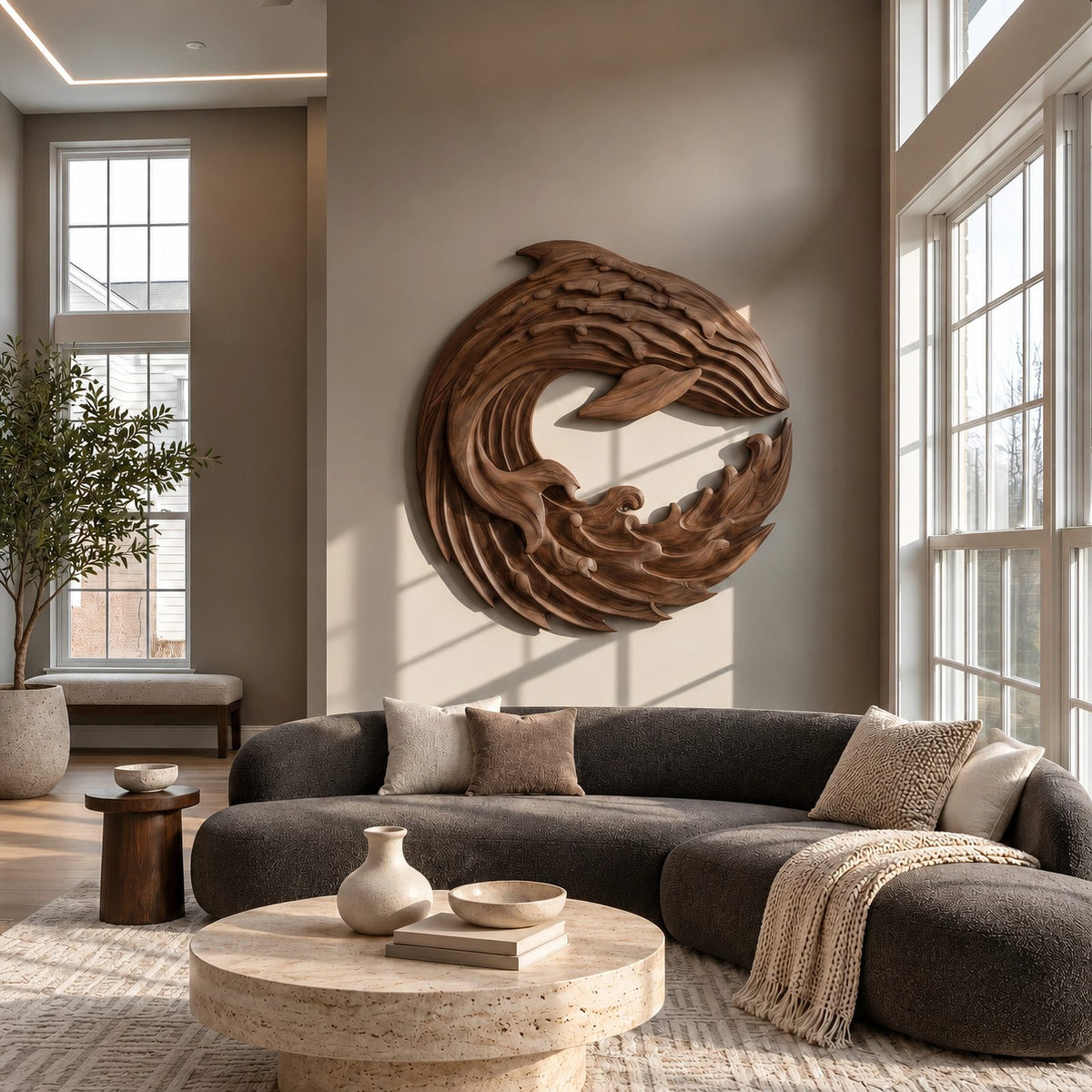 Contemporary Wood Wall Art With Spiraling Wave Form For Living Room