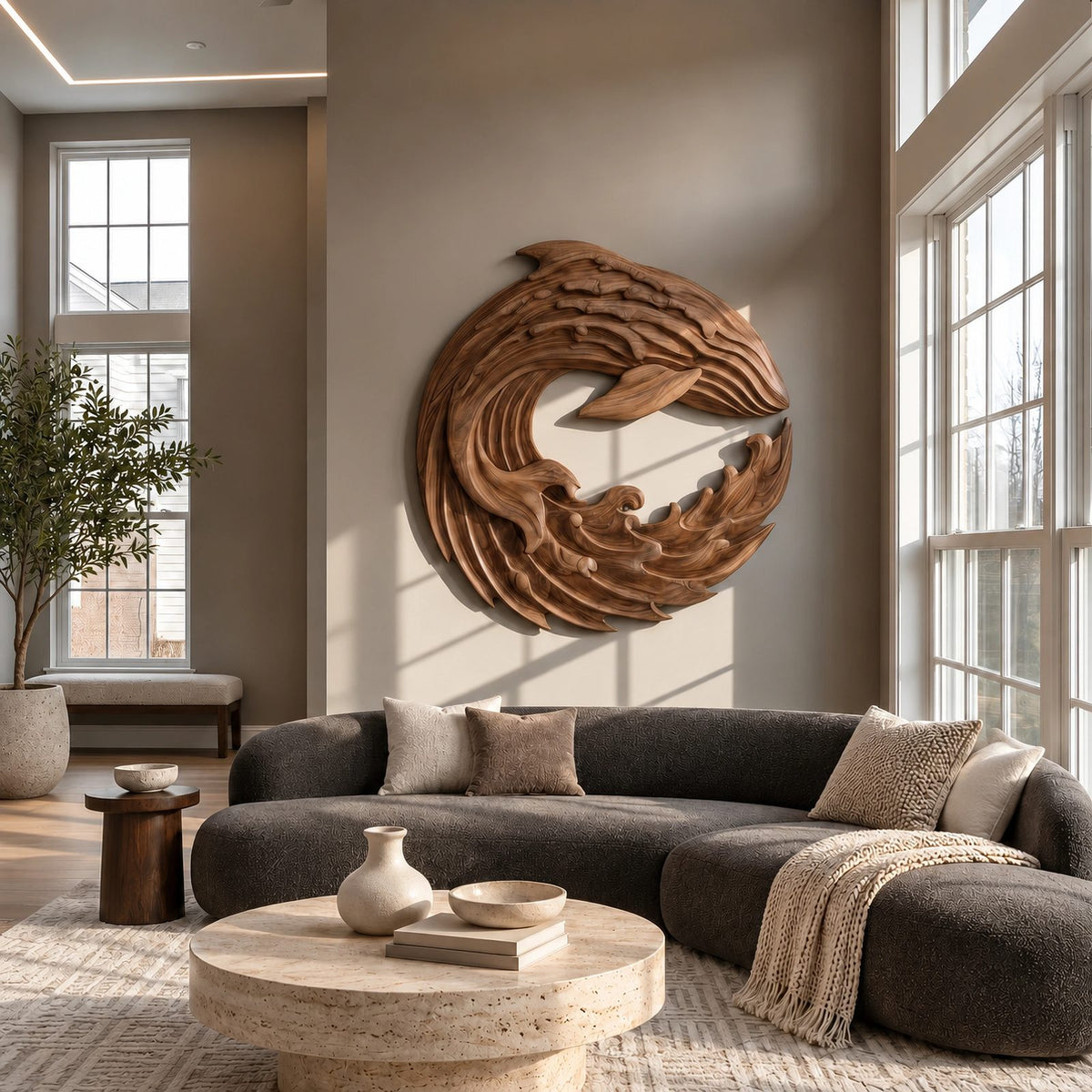Contemporary Wood Wall Art With Spiraling Wave Form For Living Room