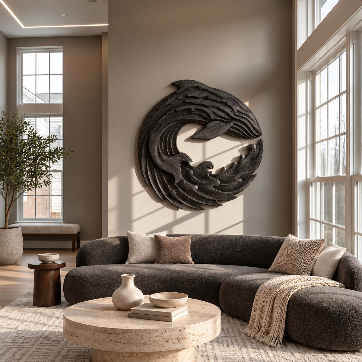 Contemporary Wood Wall Art With Spiraling Wave Form For Living Room