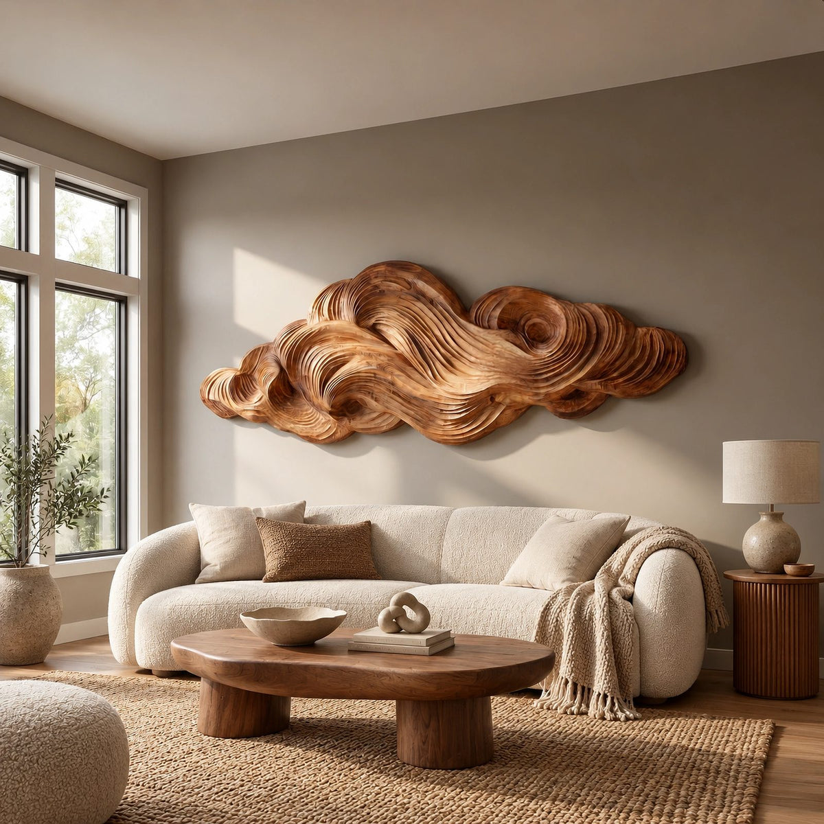 Organic Wood Wall Sculpture With Layered Cloud Form For Living Room
