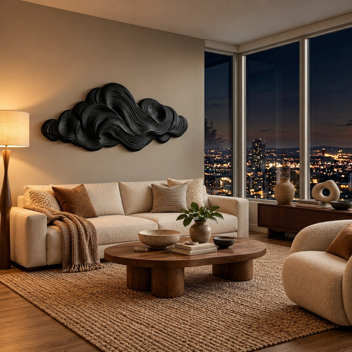 Organic Wood Wall Sculpture With Layered Cloud Form For Living Room