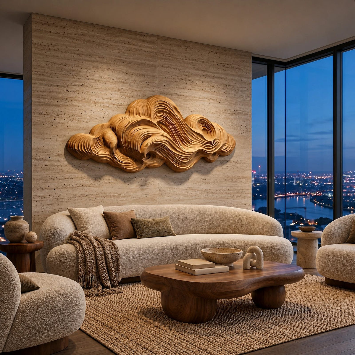 Organic Wood Wall Sculpture With Layered Cloud Form For Living Room