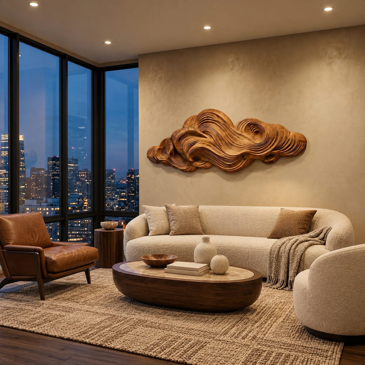 Organic Wood Wall Sculpture With Layered Cloud Form For Living Room