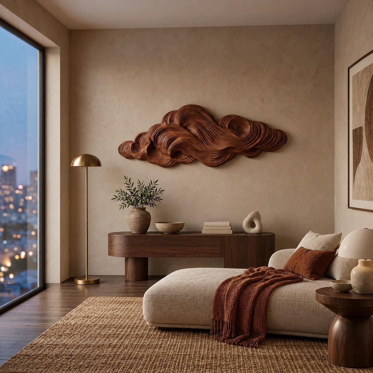 Organic Wood Wall Sculpture With Layered Cloud Form For Living Room