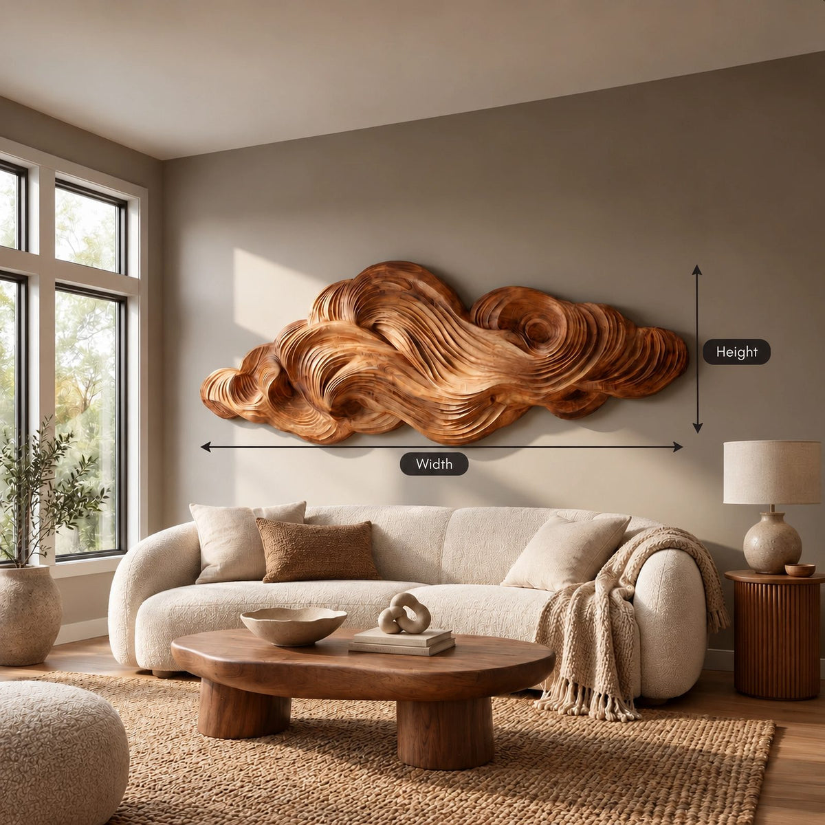 Organic Wood Wall Sculpture With Layered Cloud Form For Living Room