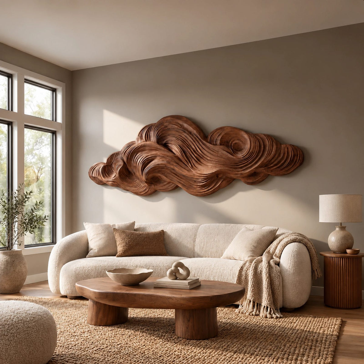 Organic Wood Wall Sculpture With Layered Cloud Form For Living Room