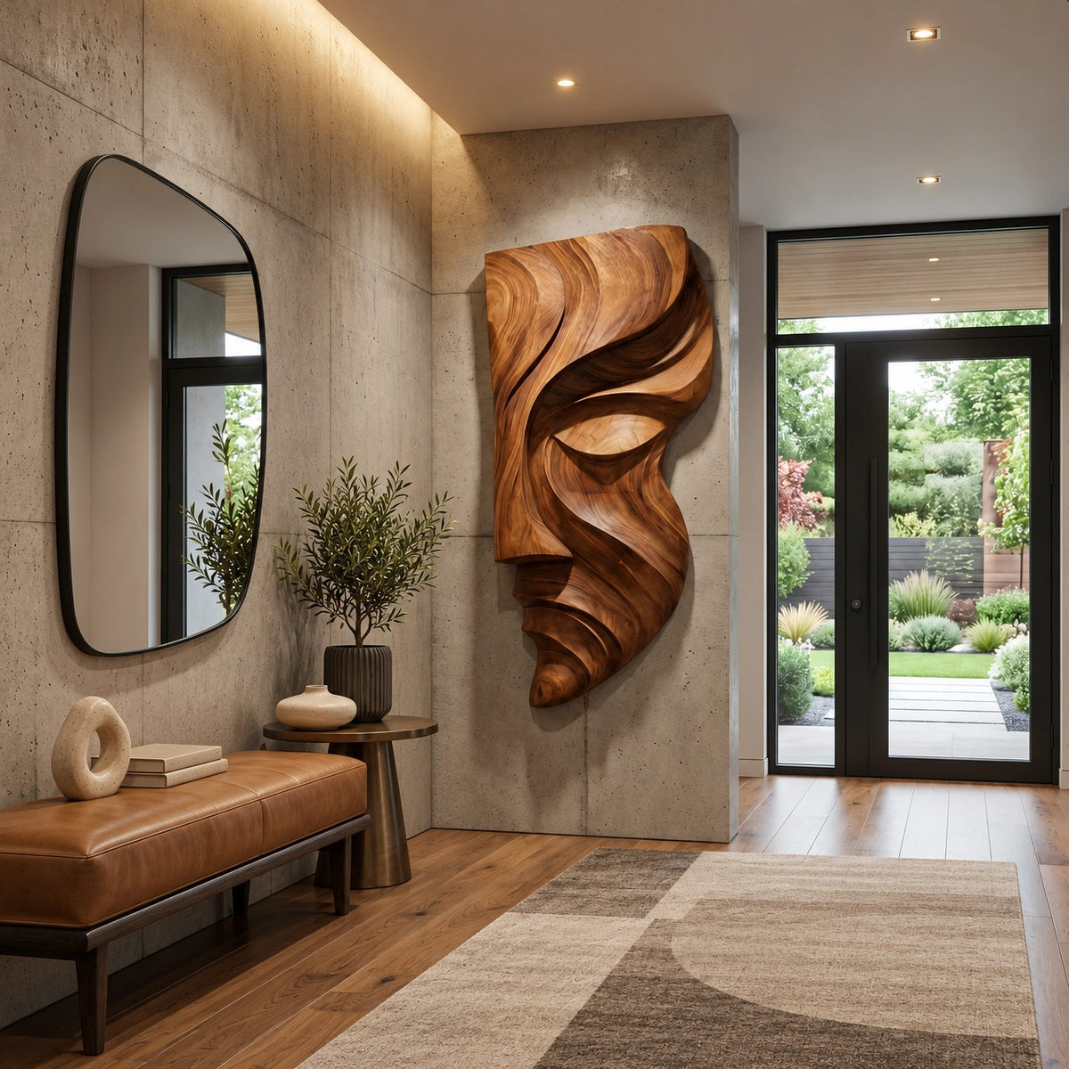 Sculptural Wood Wall Art With Carved Face Profile For Entryway
