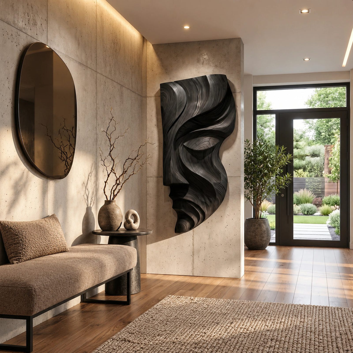 Sculptural Wood Wall Art With Carved Face Profile For Entryway