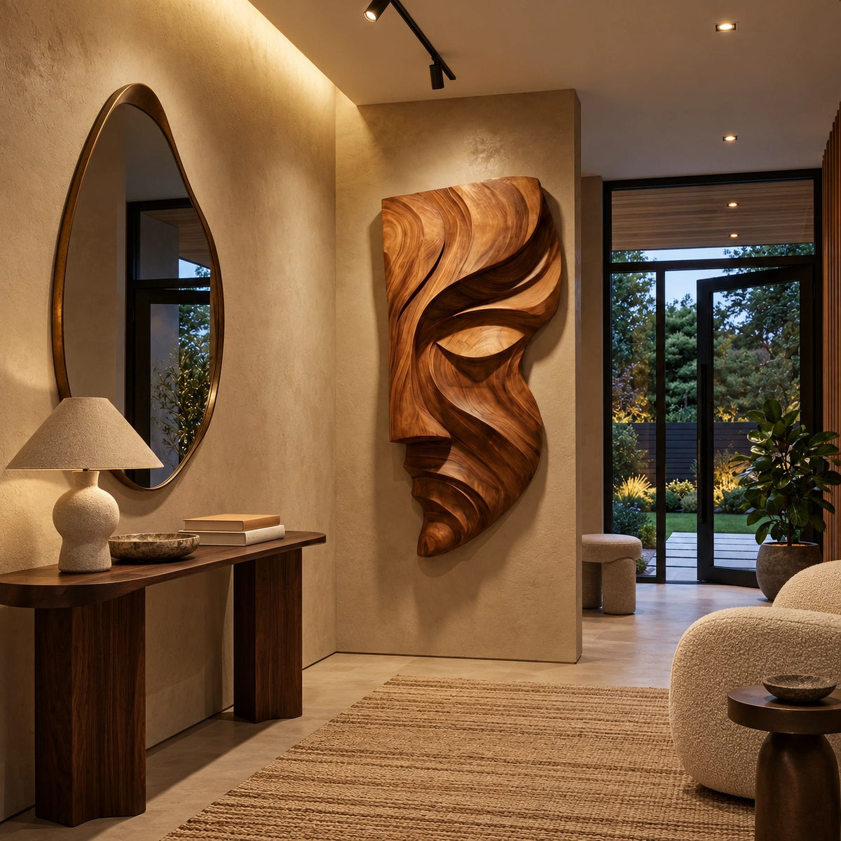 Sculptural Wood Wall Art With Carved Face Profile For Entryway
