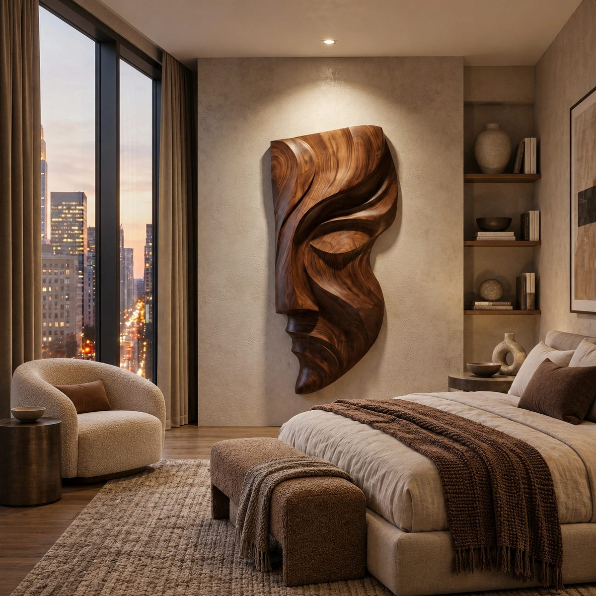 Sculptural Wood Wall Art With Carved Face Profile For Entryway