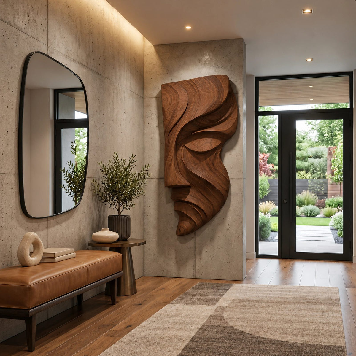 Sculptural Wood Wall Art With Carved Face Profile For Entryway