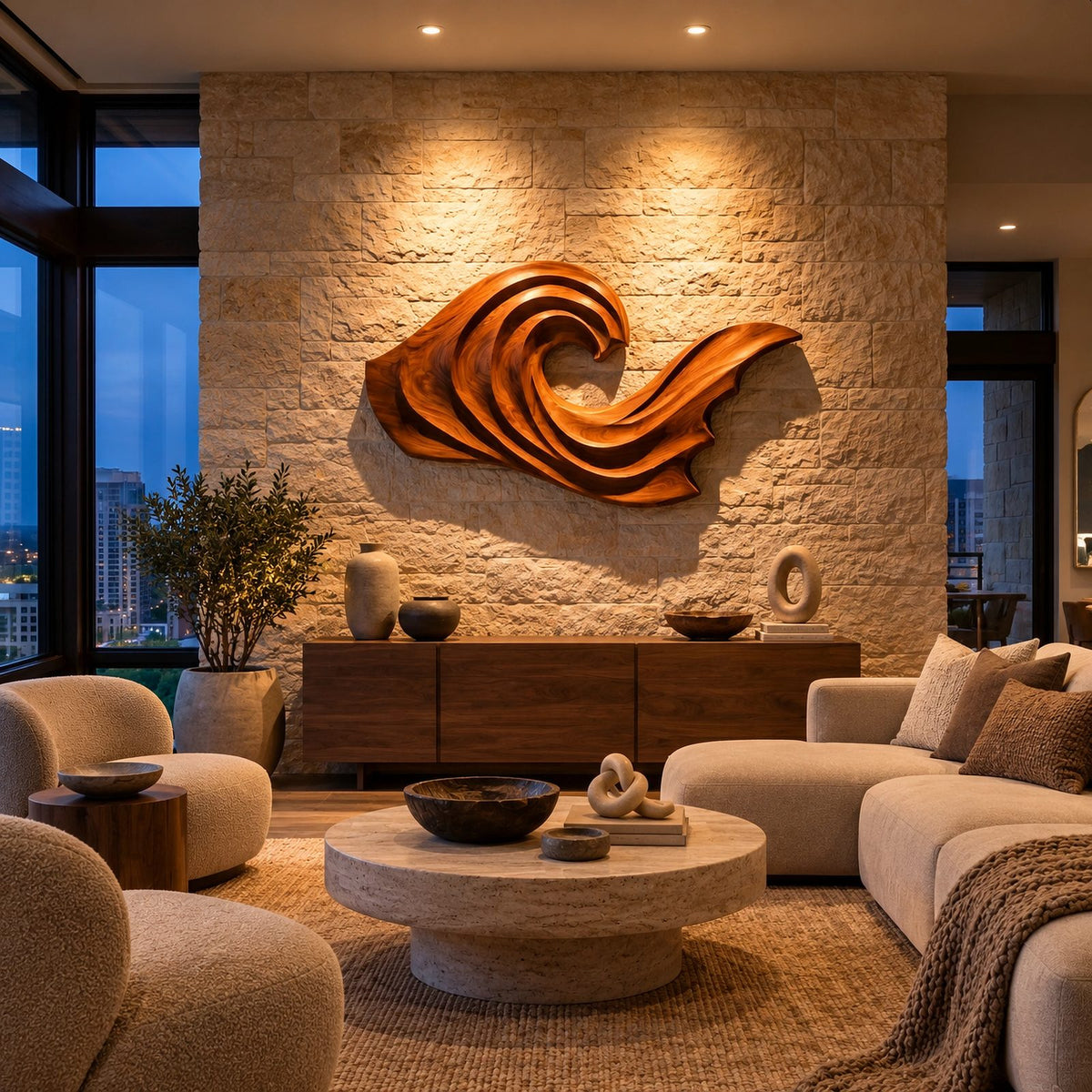Coastal Wood Wall Art With Curling Wave Form For Living Room