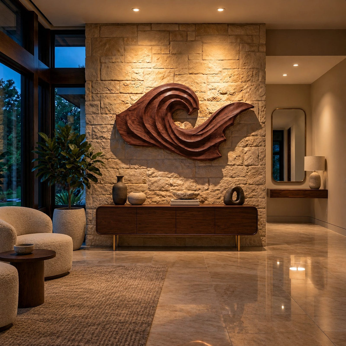 Coastal Wood Wall Art With Curling Wave Form For Living Room