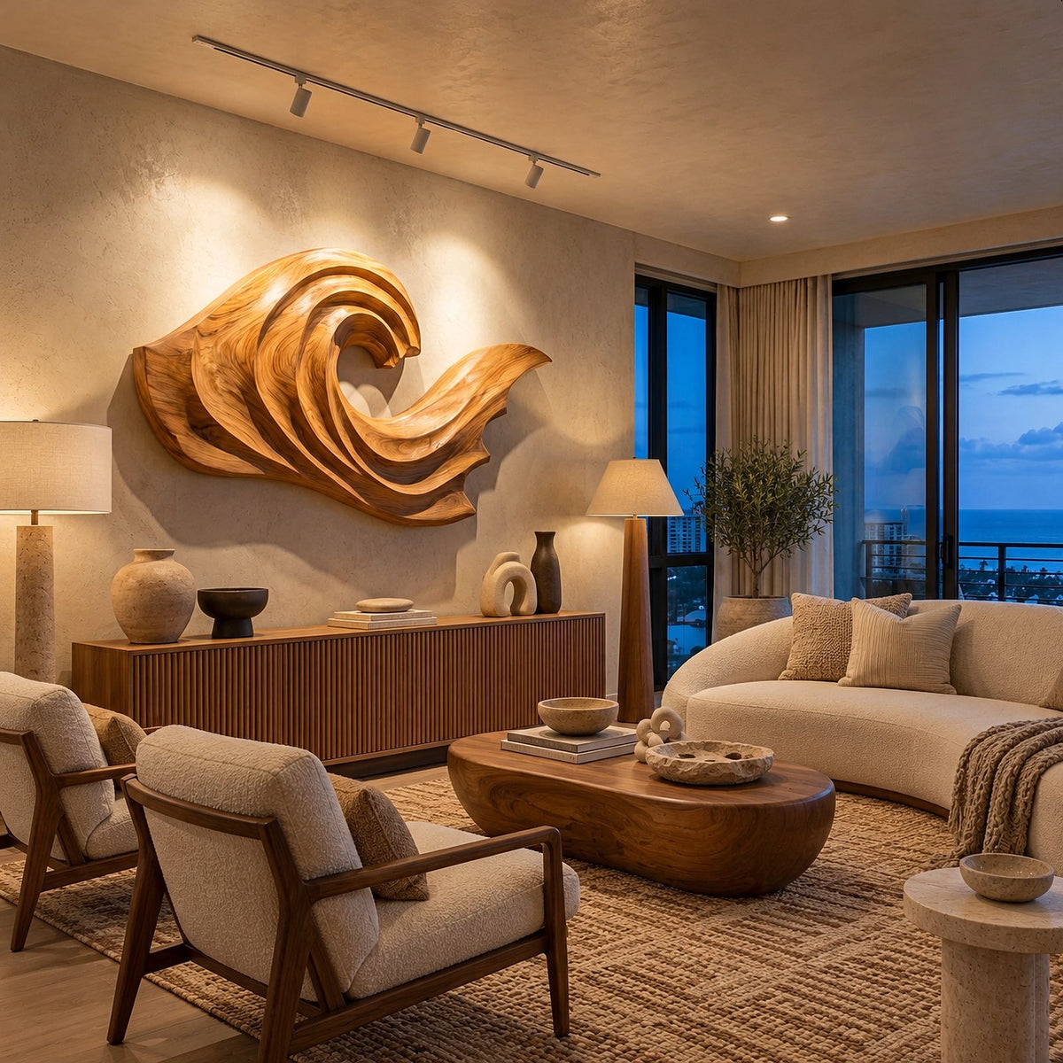 Coastal Wood Wall Art With Curling Wave Form For Living Room