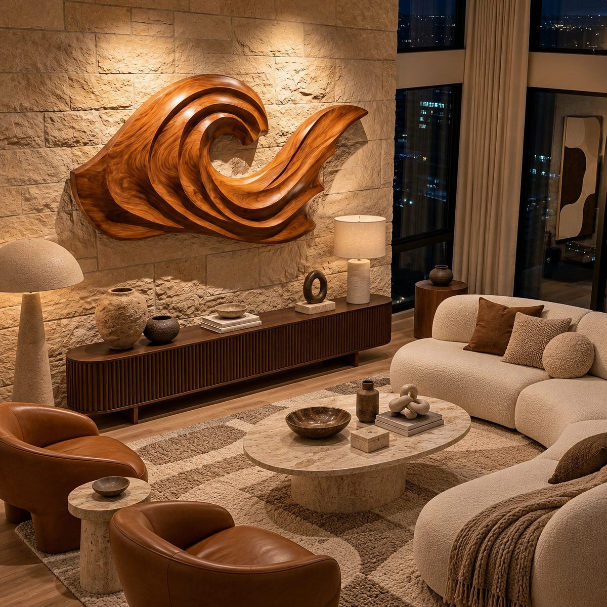 Coastal Wood Wall Art With Curling Wave Form For Living Room