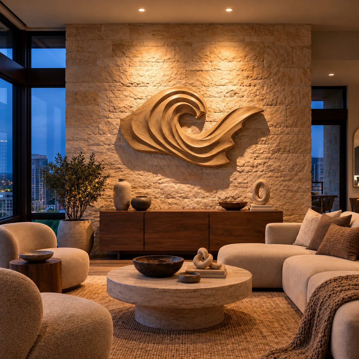 Coastal Wood Wall Art With Curling Wave Form For Living Room