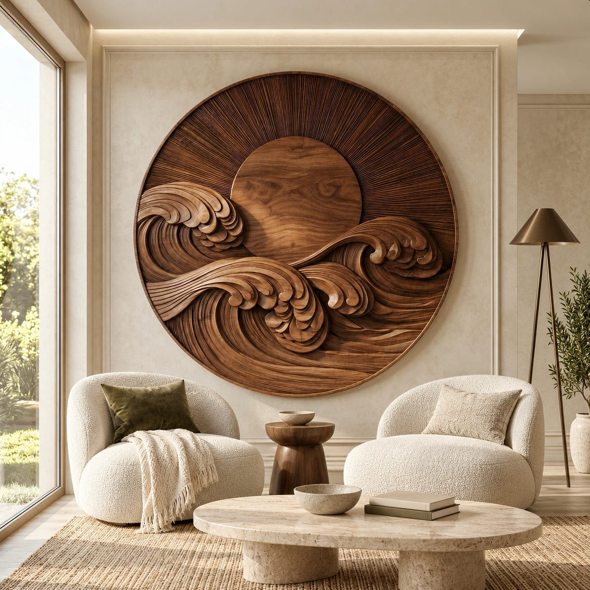 Round Wood Wall Art With Carved Sun And Waves For Living Room