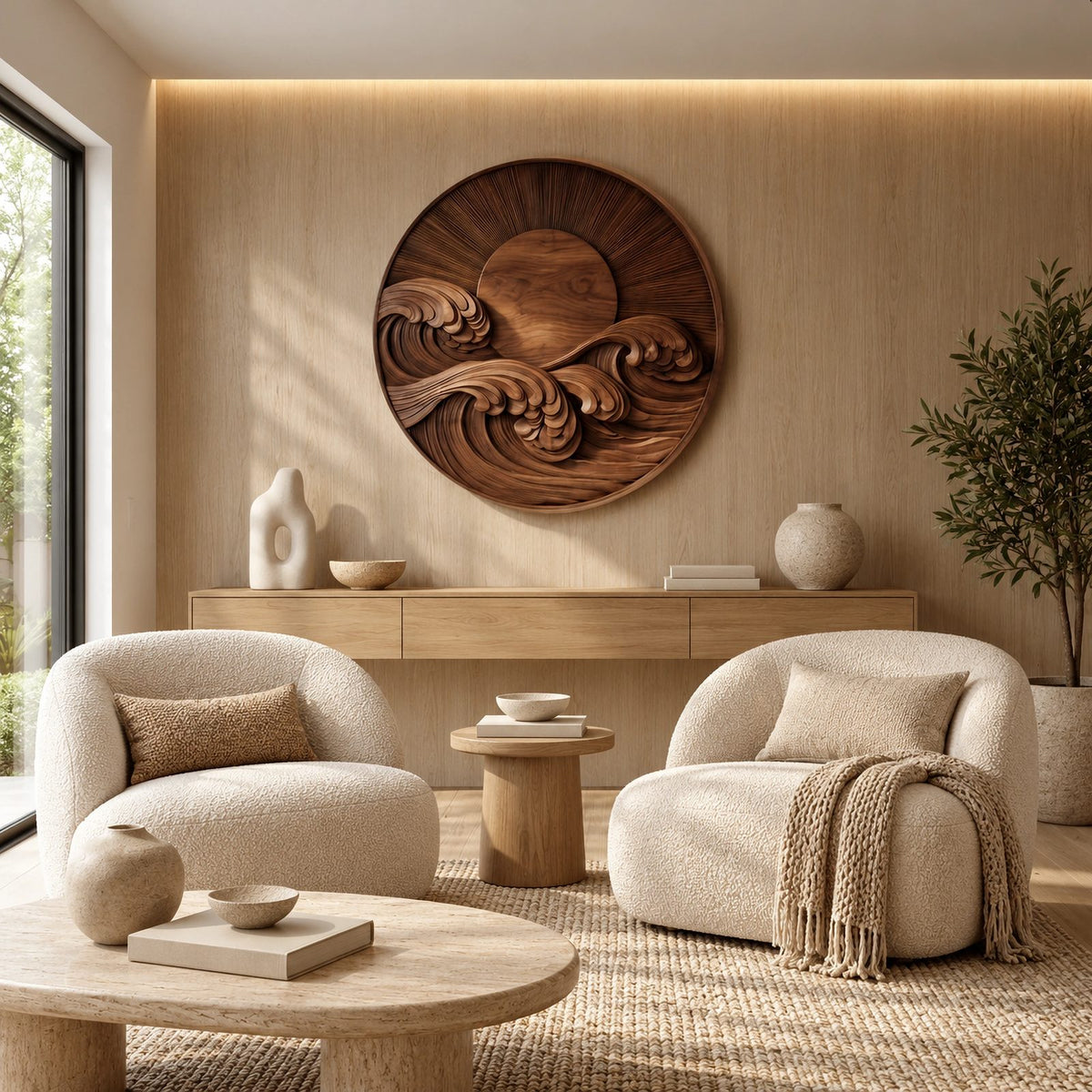 Round Wood Wall Art With Carved Sun And Waves For Living Room