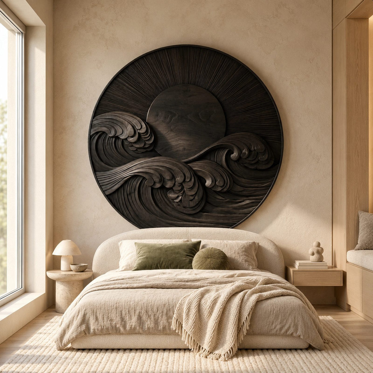 Round Wood Wall Art With Carved Sun And Waves For Living Room