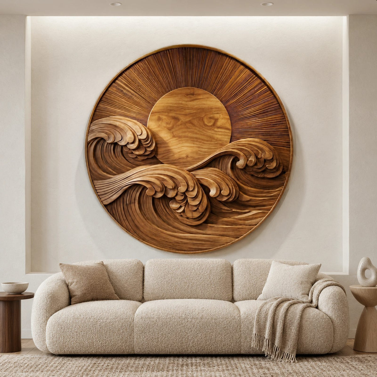 Round Wood Wall Art With Carved Sun And Waves For Living Room