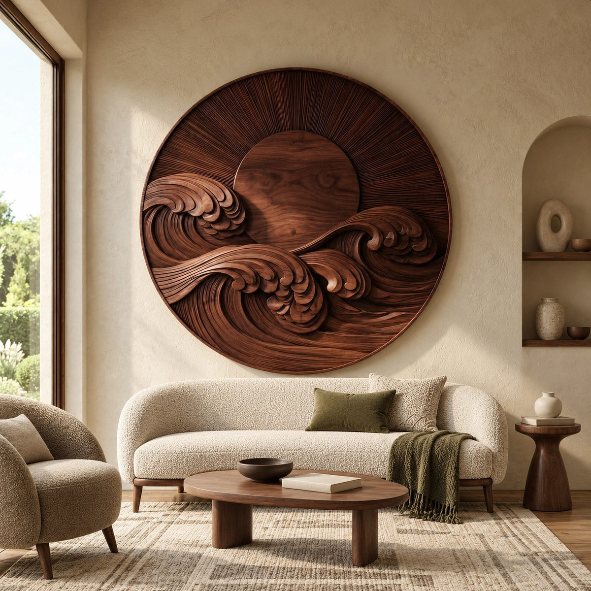 Round Wood Wall Art With Carved Sun And Waves For Living Room