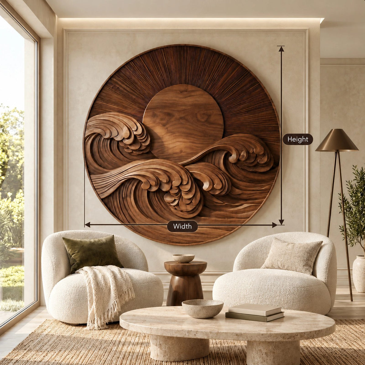 Round Wood Wall Art With Carved Sun And Waves For Living Room