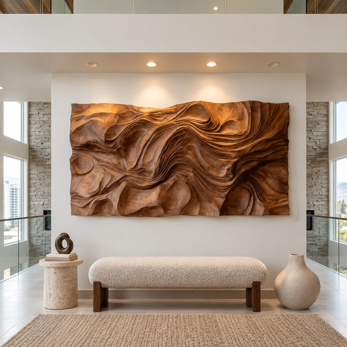 Modern Wood Wall Art With Flowing Carved Grain For Living Room