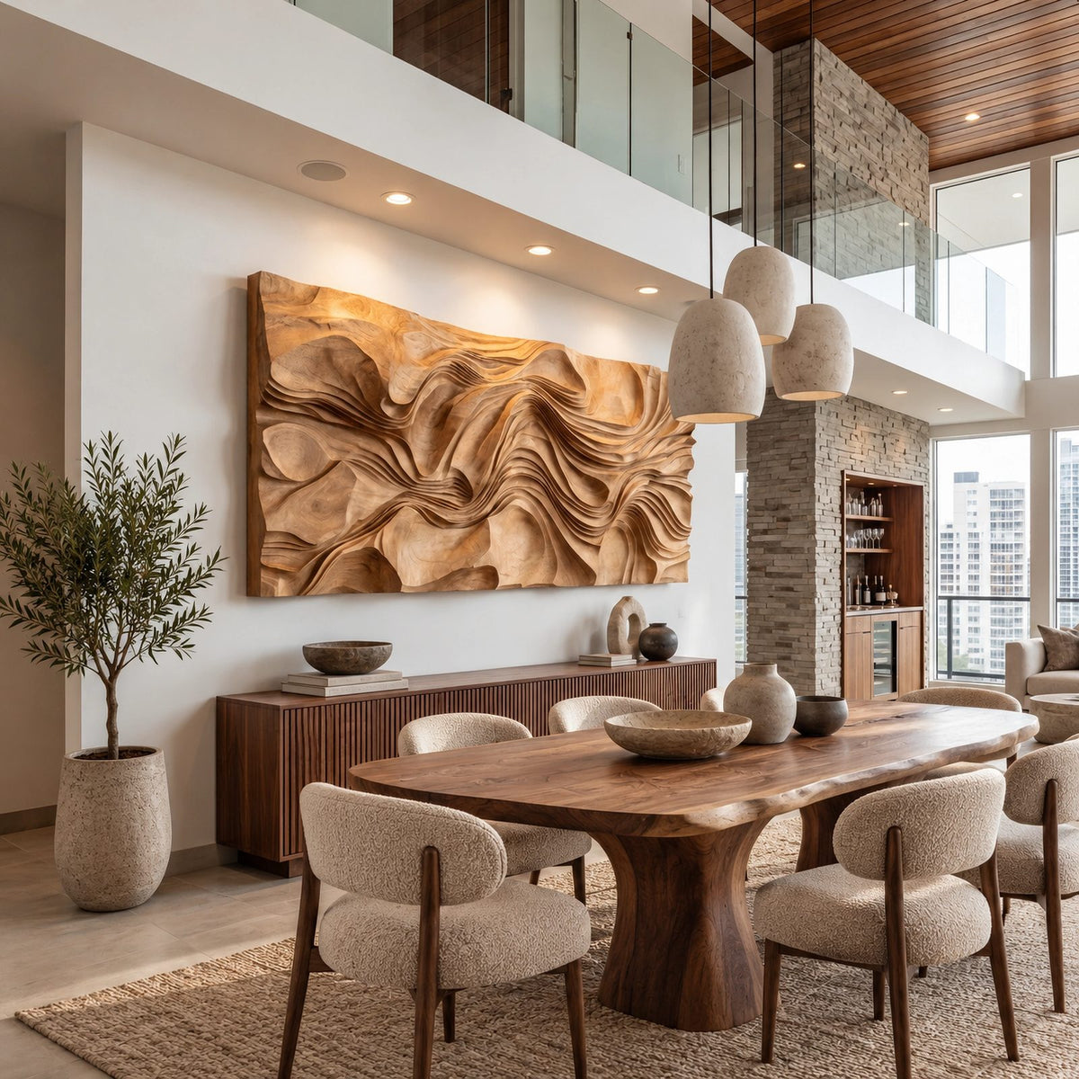 Modern Wood Wall Art With Flowing Carved Grain For Living Room
